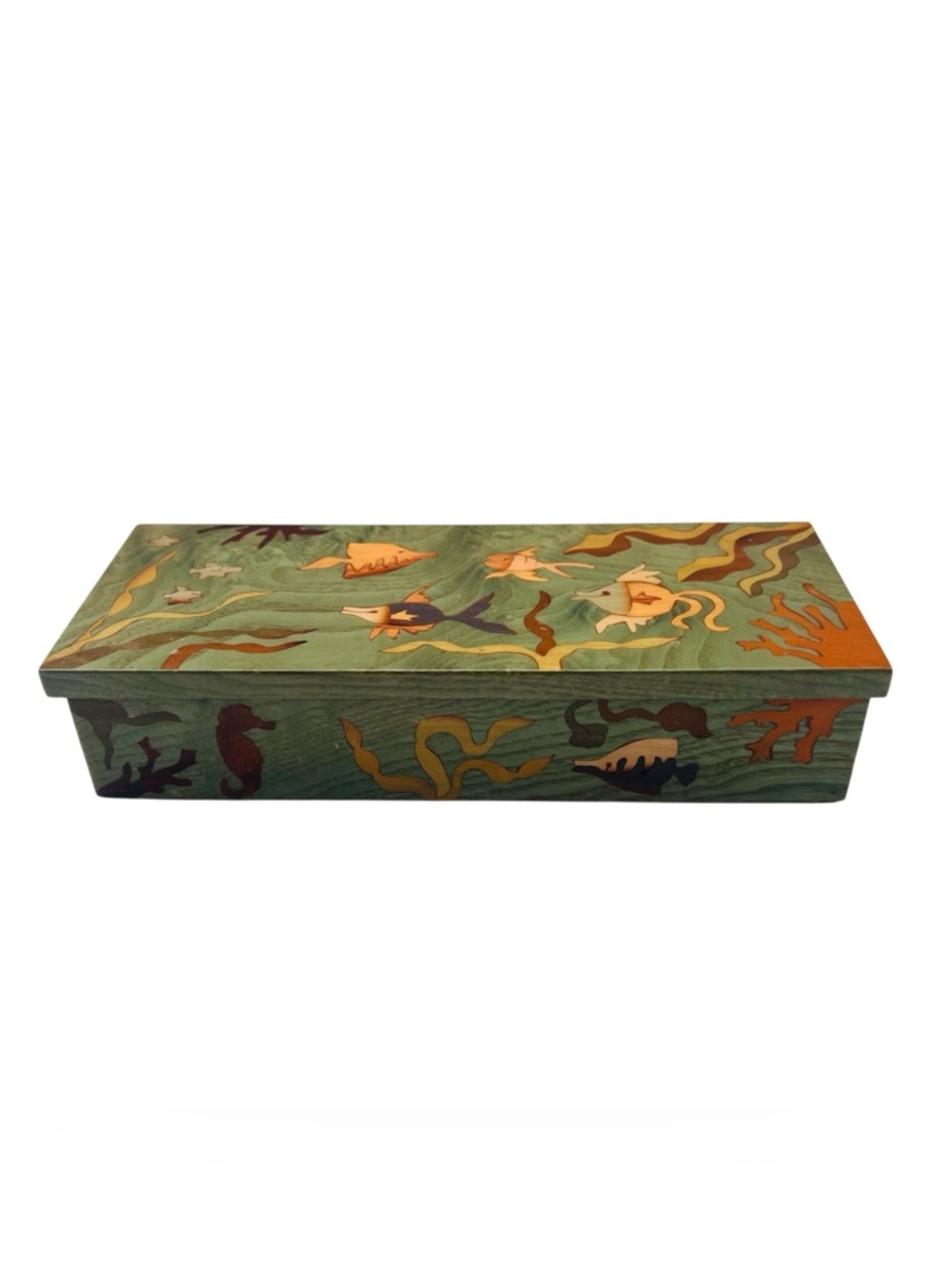 Vintage Hand-Painted Ocean Motif Wooden Lacquer Trinket Box